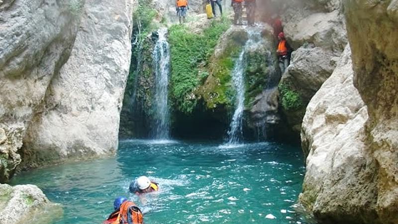 reghez canyon in spring with cool weather and sunny day swiming in canyon near shiraz